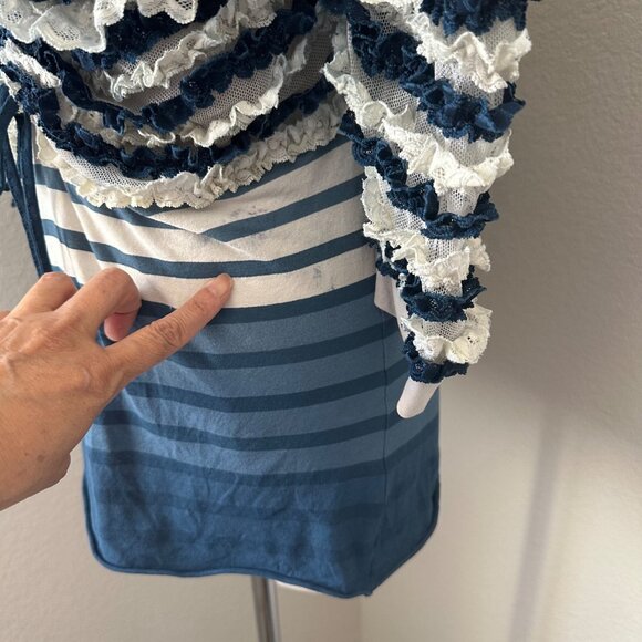 Jean Paul Gaultier Ruffled Blue & White Striped Lace Top Spaghetti Straps Sz S - Picture 14 of 16